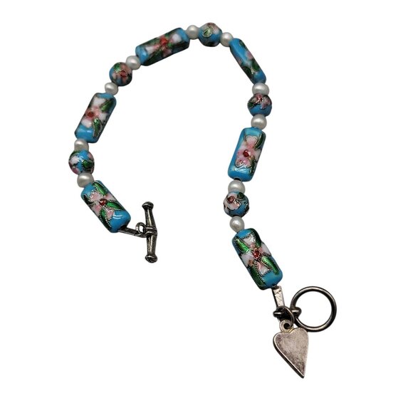 Blue Cloisonne & Faux Pearl Bead Bracelet Dangling Heart Charm 7.5 Toggle Close - Picture 11 of 14